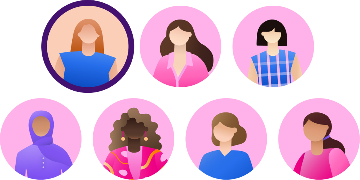Infographic of seven diverse women with one circled