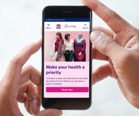 New BreastScreen NSW website displayed on a mobile phone.